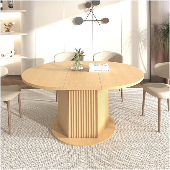 Light Brown Round Dining Table for 4-6 People, Expandable Kitchen Table with Textured Hexagon Base for Dining Room