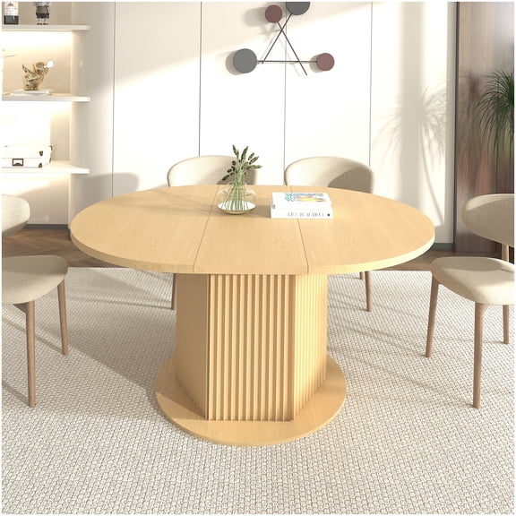 47.24 to 63 inch Expandable Round Dining Table, Light Brown MDF Kitchen Table with Hexagon Base for Family Meals