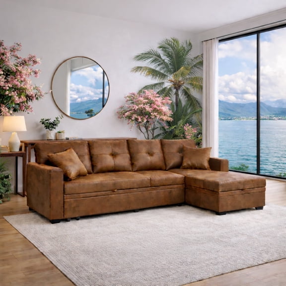 TesNus Light Brown Sleeper Sofa Sectional 76.5 In with Pull-Out Bed Reversible Chaise and Hidden Storage for Living Room