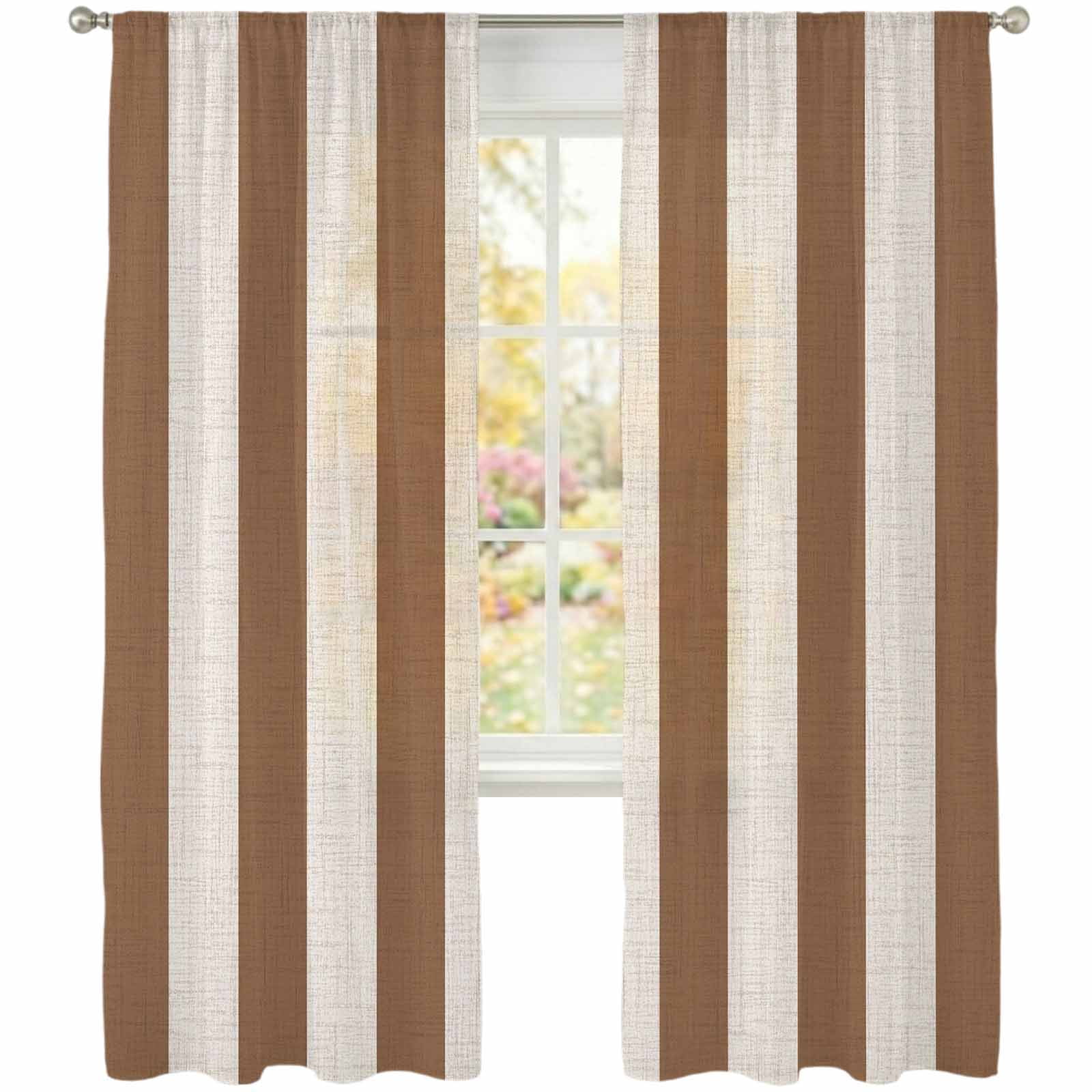 Light Brown Stripe Sheer Curtains 84 Inch Long 2 Panels Country ...