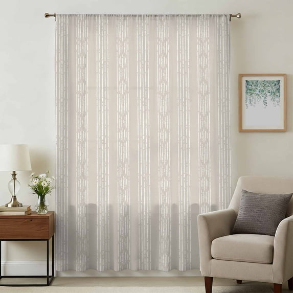 Light Brown Striped Sheer Curtains 72 Inches Long, Modern Abstract Art Geometric Stripes Light Filering Curtains, Breathable Simi Curtain Privacy Drapes for Living Room Bedroom Window Treatment