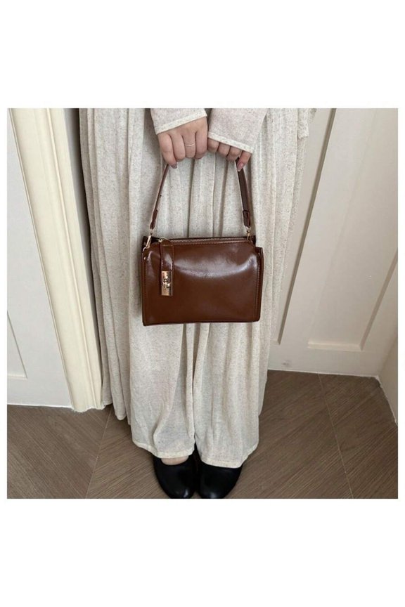 Light Brown Structured PU Leather Top Handle Square Shoulder Bag For Women