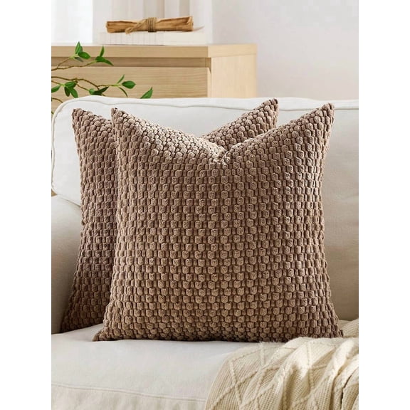 Light Brown Textured Waffle Weave Square Throw Pillow Cover, Decorative Cushion Case For Sofa Bed Living Room