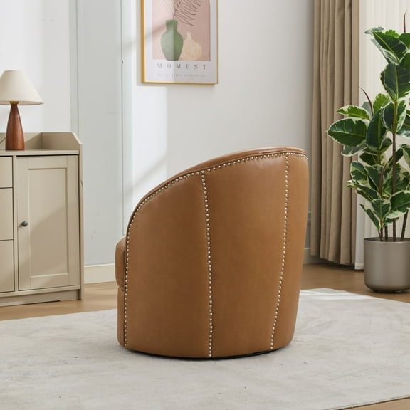 Light Brown Top-Grain Leather Swivel Accent Chair with 360° Smooth Rotation, Mid-Century Modern Lounge Chair for Living Room, Office, or Bar Seating