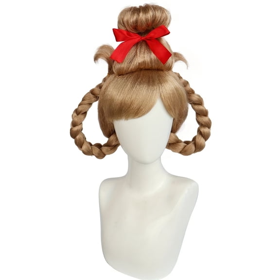 Light Brown Updo Wig with High Skull Spiral Braid and Red Bow for Cosplay and Role-Playing
