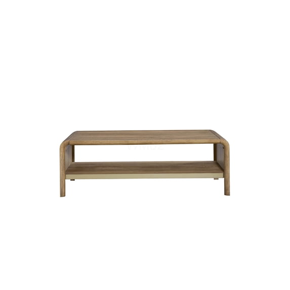 Light Brown Waterfall Cocktail Table with Metal Accents, Modern Solid Wood and MDF End Table for Living Room