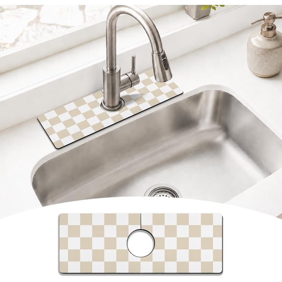 Light Brown White Checkered Kitchen Sink Splash Guard Faucet Mat,Faucet Non-Slip Absorbent Mat,Farmhouse Sink Splash Guard Behind Faucet for Kitchen Bathroom, 15"x5.5"
