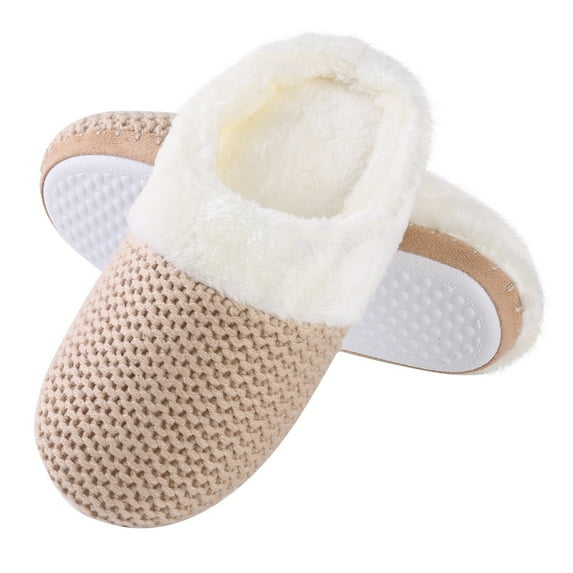 Light Brown Womens Warm Winter Slippers Cozy Cable Knit Memory Foam House Slipper Clog Shoes with Fuzzy Plush Collar for Women