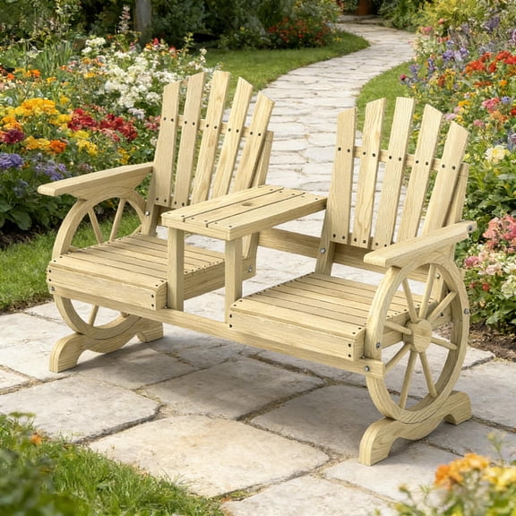 Light Brown Wood Seat 2-Person High Backrest Outdoor Bench with Side Table
