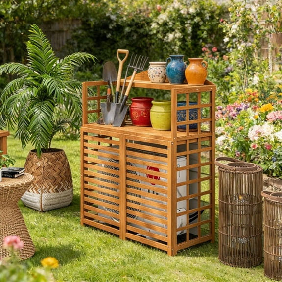 Light Brown Wooden Air Conditioner Fence Privacy Screen with Open Storage Shelf Outdoor AC Cover Unit for Garden Patio Solid Fir Wood Air Conditioning Screen with Grid Sides