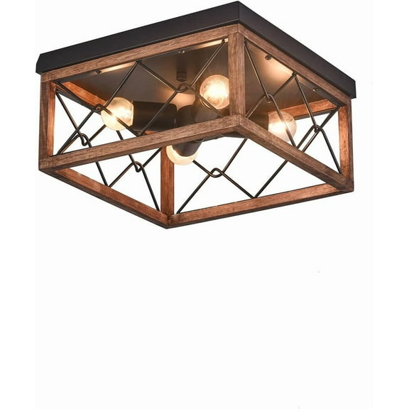 Industrial Ceiling Lighting Fixtures,4-Light Wooden Ceiling Lighting Retro Rustic Farmhouse Flush Mount Light Fixture Wood Square Flush Mount Ceiling Light for Hallway Bedroom Kitchen Entryway