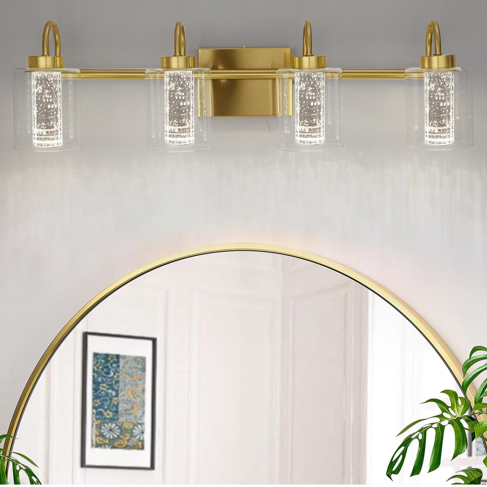 4 Light Brushed Gold Vanity Light with Crystal Bubble Glass