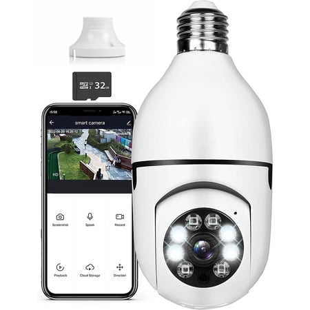 Light Bulb 1080P Security Camera, PTZ E27 Bulb 360 Degree Panoramic Wireless Connector with WiFi,Smart Motion Detection and Alarm,Two Way Audio,Night Vision, Remote Viewing with 32GB Memory Card