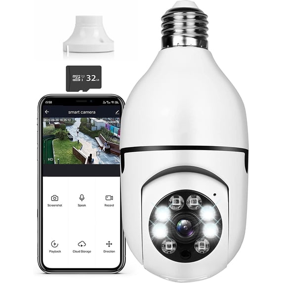 Light Bulb 1080P Security Camera, PTZ E27 Bulb 360 Degree Panoramic Wireless Connector with WiFi,Smart Motion Detection and Alarm,Two Way Audio,Night Vision, Remote Viewing with 32GB Memory Card