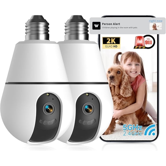 Light Bulb Camera,2.4G/5GHz WiFi Cameras Outdoor Indoor,Bulb Cameras for ,AI Detection,911Emergency, Based Cloud,2 Way Talk,Color Night Vision 2Pack
