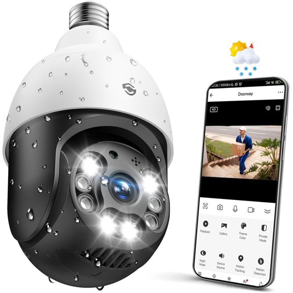 Light Bulb Camera Outdoor 2.5K, 2.4GHz WiFi Light Socket Cam with AI Human Motion Detection 4MP Color Night Vision Siren Works with Alexa