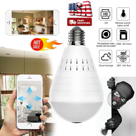 Light Bulb Camera,Wifi Security Camera, 2MP Wireles IP LED Cam,360 Degrees Panoramic VR Home Surveillance Cameras, Motion Detection/Night Vision/Alarm