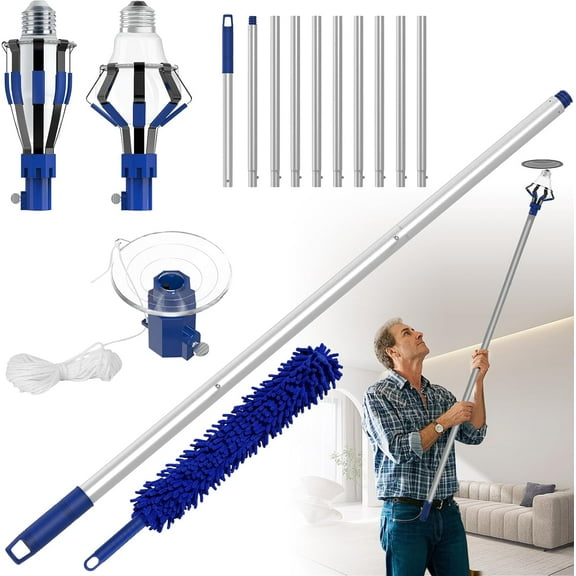 Light Bulb Changer 12FT Pole for High Ceilings and Recessed Lights with Basket and Suction Cup Tool