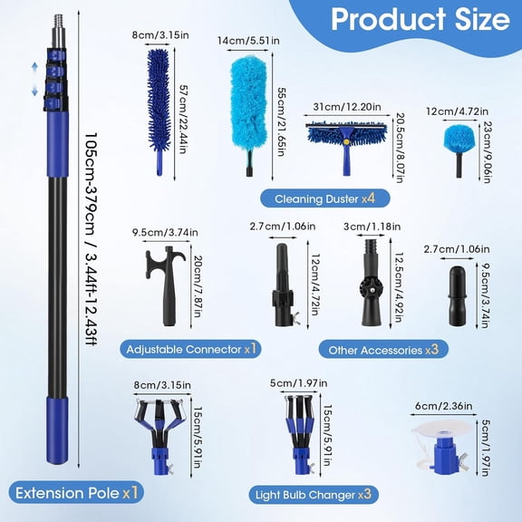 Light Bulb Changer for High Ceilings, 3.4-12.4FT Extension Pole Telescopic Extension Poles for Cleaning, Ceiling Fan Cleaner Duster Kit with Baskets, Suction Cup, Plush Brush