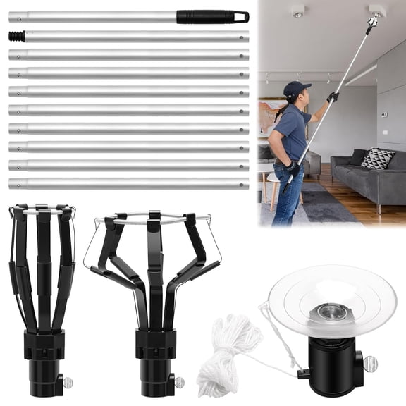 Light Bulb Changer for High Ceilings, 12 FT Stainless Steel Extension Pole with 3 Replaceable Heads, Adjustable High Reach Bulb Changer