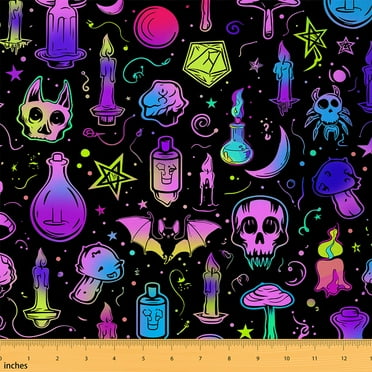 Light Bulb Fabric By The Yard, Abstract Skull Candle Mushroom Upholstery Fabric, Moon Stars Craft Patchwork Indoor Outdoor Fabric, Chic Modern Kids Decorative Fabric, Purple Blue, 1 Yard