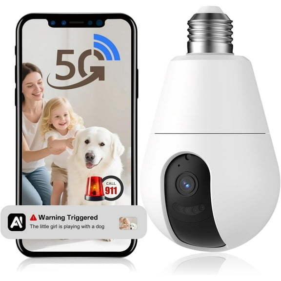 Light Bulb Security Camera, 1080P Bulb Camera, 5G/2.4GHz WIFI Lightbulb Cameras Wireless Outdoor, AI Motion Detection and Siren Alarm, US-Based Cloud Storage, 911 Calling, Color Night Vision