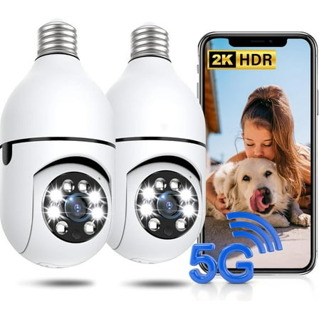 Light Bulb Security Camera 2 Packs, 5G&2.4GHz 2K Security Cameras Wireless Outdoor 360 PTZ Cameras for Home Security with Color Night Vion, 2 Way Talk, AI Human Detion, Screw in Light Socket