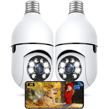Light Bulb Security Camera 2 Packs, 5G&2.4GHz 2K Security Cameras Wireless Outdoor 360° PTZ Cameras for Home Security with Color Night Vision, 2 Way Talk, AI Human Detection, Screw in Light Socket
