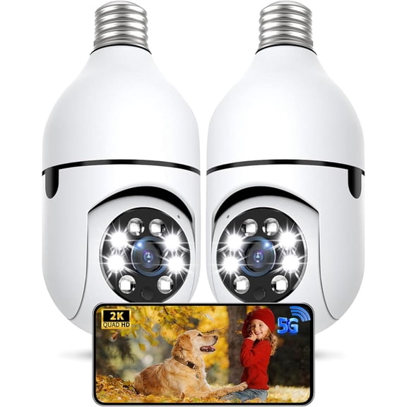 Light Bulb Security Camera 2 Packs, 5G&2.4GHz 2K Security Cameras Wireless Outdoor 360 PTZ Cameras for Home Security with Color Night Vision, 2 Way Talk, AI Human Detection, Screw in Light Socket