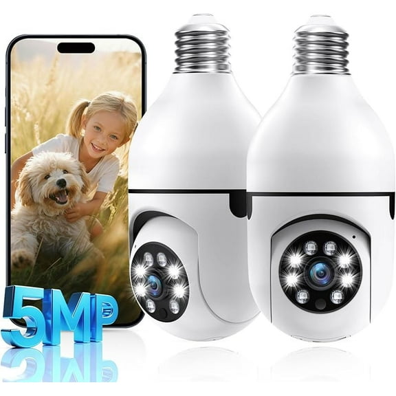 Light Bulb Security Camera 5 Megapixels Light Bulb Camera, 5G WiFi Cameras for Home Security Outdoor Wireless, 5MP Color Night Vision, Motion Tracking, 2 Way Talk, 24/7 Security Camera with Spotlight