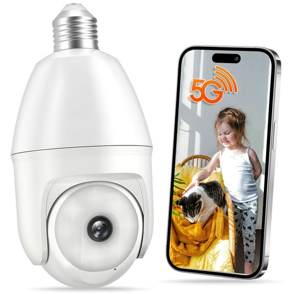 Light Bulb Security Camera -5G&2.4GHz 5MP HD WiFi 6 Home Baby Monitor, Security Cameras Wireless Outdoor Indoor, Night Vision, 2-Way Audio, PIR Mothion Detection and Alerts, Works with Alexa (White)