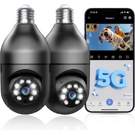Light Bulb Security Camera 5G/2.4GHz WiFi 2K Lightbulb Security Cameras Wireless Outdoor, 360 Screw in Sight Bulb Motion Detection Siren Alarm Light Socket Camera 2-Way Audio Color Night Vision