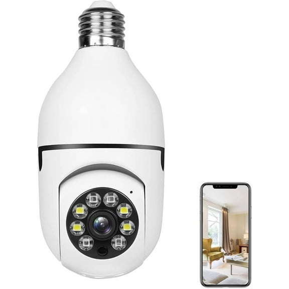 Light Bulb Security Camera, Smart for Home Surveillance Screw into The E27 Socket Spotlight Alarm Color Night Vision Two-Way Talk Motion Alarm PTZ 360 Degree