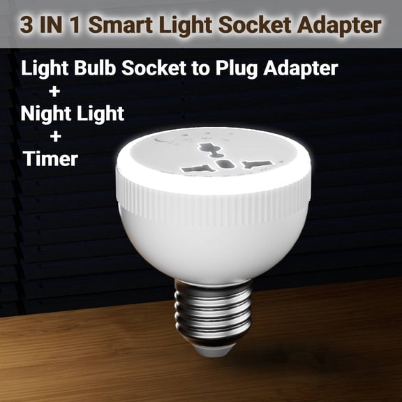 Light Bulb Socket to Plug Adapter with Timer and Night Light, Smart Light Socket Timer Switch with Voltage Protection, 3 Timing Modes Automatic Shut Off for Lamps and Home Lighting