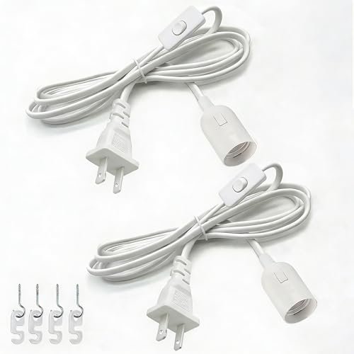 Light Bulb Socket with Cord - 8.2Ft Extension Hanging Lantern Cord E26/E27 Pendant Lamp Socket with Switch, White, 2 Pack