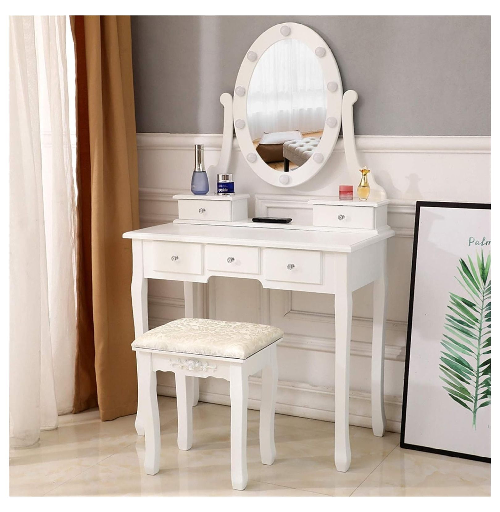 Light Bulb Vanity Mirror Desk with Drawers,Single Mirror 5 Storage ...