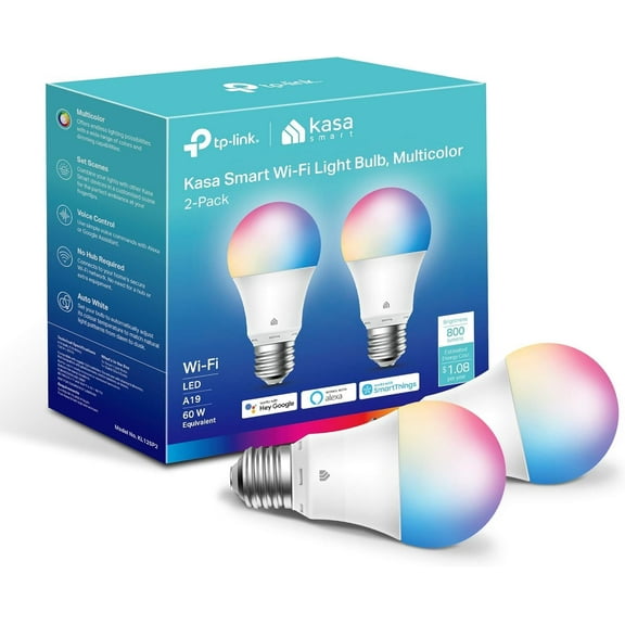Light Bulbs, Full Color Changing Dimmable Smart WiFi Bulbs Compatible with Alexa and Google Home, A19, 60 W 800 Lumens,2.4Ghz only, No Hub Required, 2-Pack (KL125P2), Multicolor