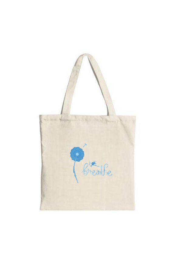 Light Canvas Tote Bag with Blue Flower & Bee Design ' Breathe ' in Cursive - Perfect for Shopping Travel & Parties