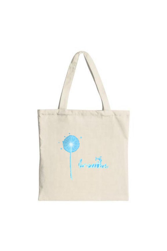 Light Canvas Tote Bag with Blue Illustration & ' Breathe ' in Cursive - Stylish Minimalistic Perfect for Shopping & Travel