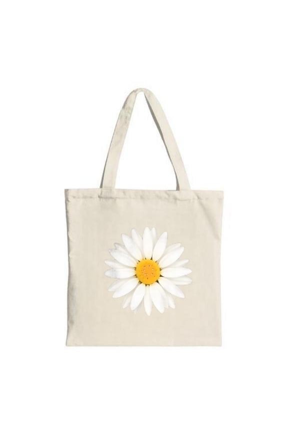 Light Canvas Tote Bag with Charming Daisy Print - White Petals & Yellow Center Perfect for Shopping Travel & Parties