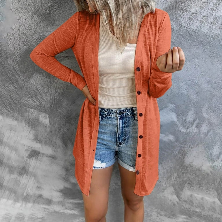 Light Cardigans for Women Summer Casual Jacket Long Sleeve Solid Colour Sleeve Open Light Shrugs Sheer Sleeveless Travel Jacket Women s Sweater Cardigan Sweaters for Women Short Fashion Orange M Walma...
