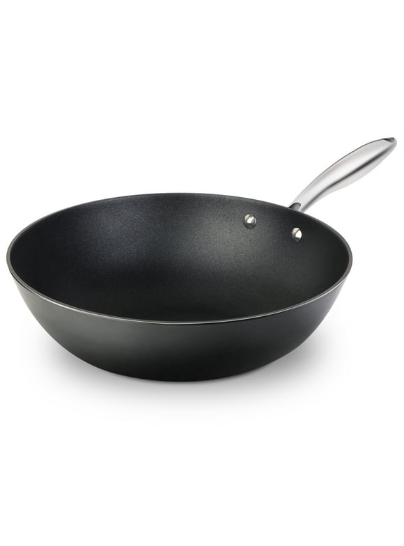 Light Cast Iron Wok Non-Stick Coating with Stainless Steel Handles, 12", Black