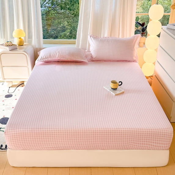 Light Checkered Washable Bed Sheet, Soft Polyester Fitted Sheet, 150x200cm, Wrinkle & Fade Resistant, Easy Care, Breathable Fabric, All-Season Home Bedding