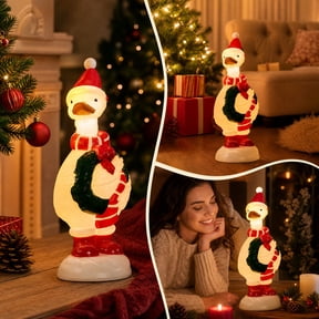 Light Up Christmas Blow Mold Goose Figurine, Resin Goose Statue With Santa Hat & Wreath, Festive Tabletop Ornament For Xmas Home Porch Mantel Holiday Decoration