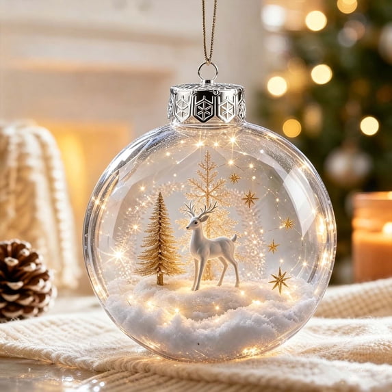 Light Up Christmas Clear Plastic Fillable Ornaments Balls, Winter Scene Filled Ball Ornament with LED,Shatterproof Clear Xmas Tree Hanging Pendants Festival Decorations, Holiday Decor Lovers