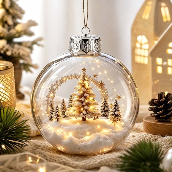 Light Up Christmas Clear Plastic Fillable Ornaments Balls, Winter Scene Filled Ball Ornament with LED,Shatterproof Clear Xmas Tree Hanging Pendants Festival Decorations, Holiday Decor Lovers