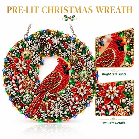 Light Up Christmas Diamond Art Beaded Wreath Kit Diy Christmas Pearl Diamond Painting With Led Lights Hanging Christmas Decorations For Home Front Door Wall Decor(9.84")