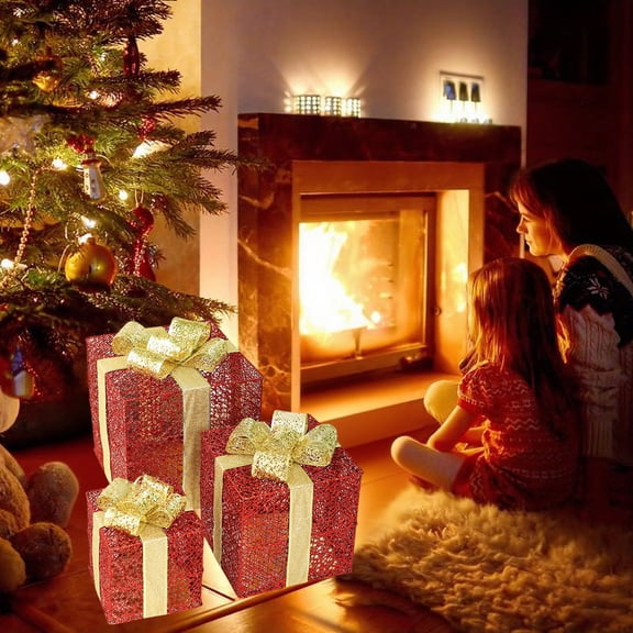 Light Up Christmas Gift Boxes Set of 3 Metal Wire LED Present Boxes for Outdoor Yard Lawn Patio Decoration, Waterproof Crystal Reflective Lights, Stackable Christmas Boxes Props for Home Garden