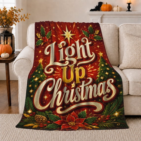 Light Up Christmas Golden Text Festive Holiday, Festive Holiday Scene, Warm Flannel Blanket for Living Room and Reading Nook, Art Lovers Christmas Gift, Festive Home Decor