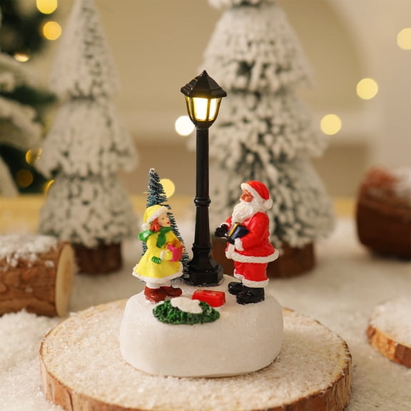 Light Up Christmas Mini Village Resin Figurine – Winter Snow Scene Desktop Ornament with Glowing Street Lamp, Battery Operated LED, Santa & Snowman, Holiday Table Centerpiece
